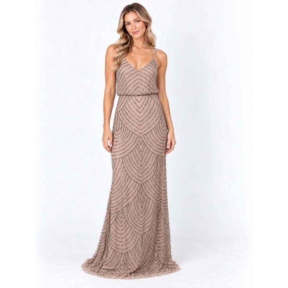 Adrianna Papell Gown Women Size 2 Nude Pink Excellent Beaded Sequin Art Deco